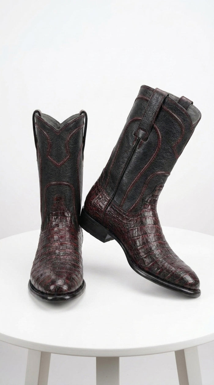 Los Altos Men’s Black Cherry Caiman Belly Roper Toe Boots, Exotic Western Cowboy Dress Boots