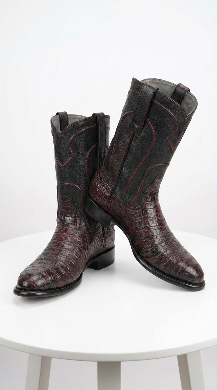 Los Altos Men’s Black Cherry Caiman Belly Roper Toe Boots, Exotic Western Cowboy Dress Boots