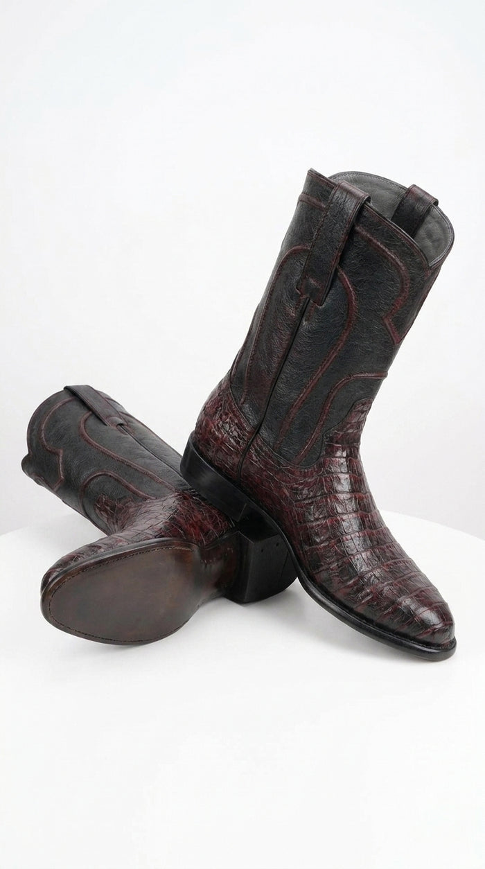 Los Altos Men’s Black Cherry Caiman Belly Roper Toe Boots, Exotic Western Cowboy Dress Boots