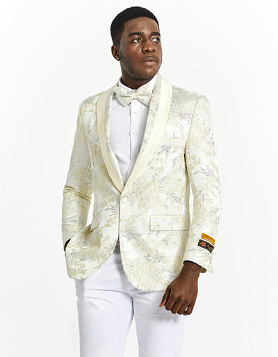 Ivory & Gold Floral Slim Fit Tuxedo Jacket