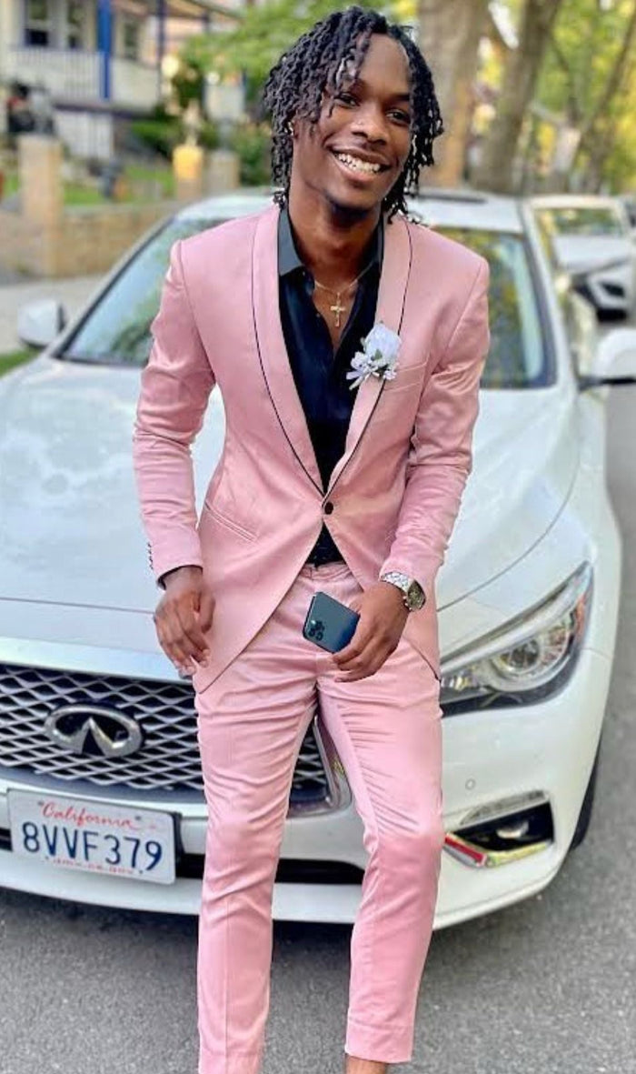 Slim Fit Pink Tuxedo Suit with Black Trim