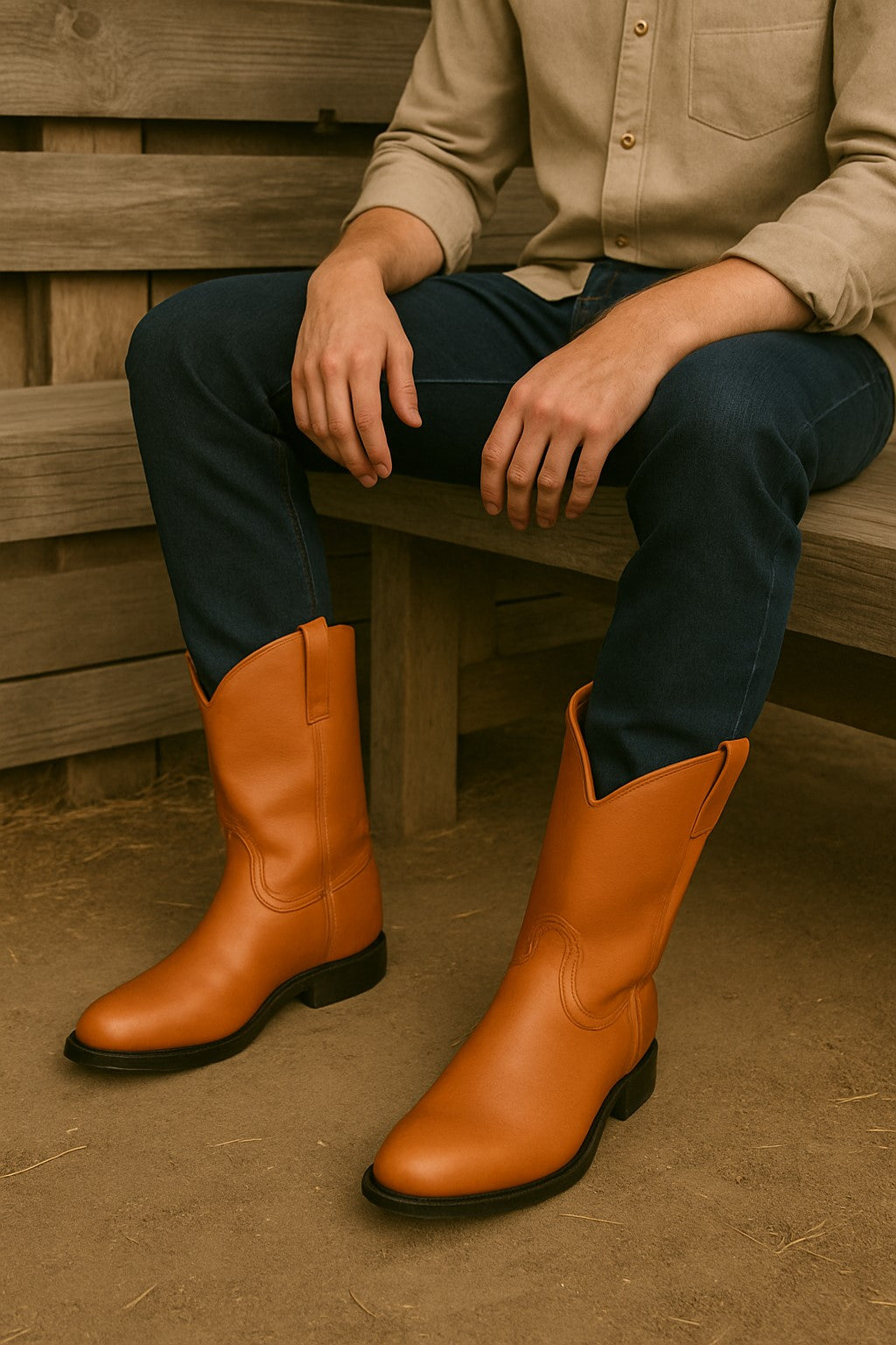 Mens Pull On Roper Boots With Leather Sole Honey Deerskin Boots - Deer Boots - Deer Skin Boots