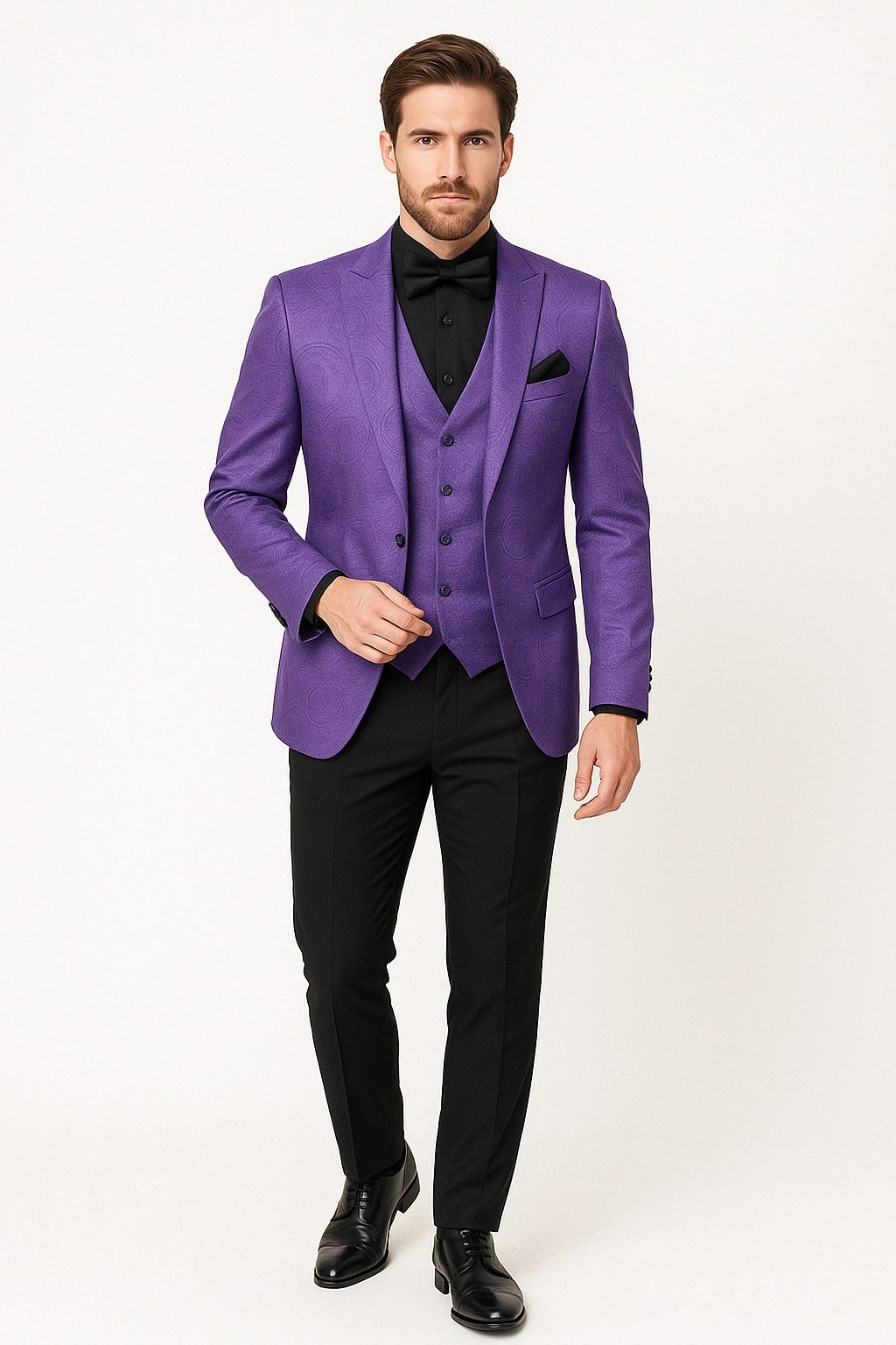 Purple Paisley 3-Piece Tuxedo with Vest & Bow Tie