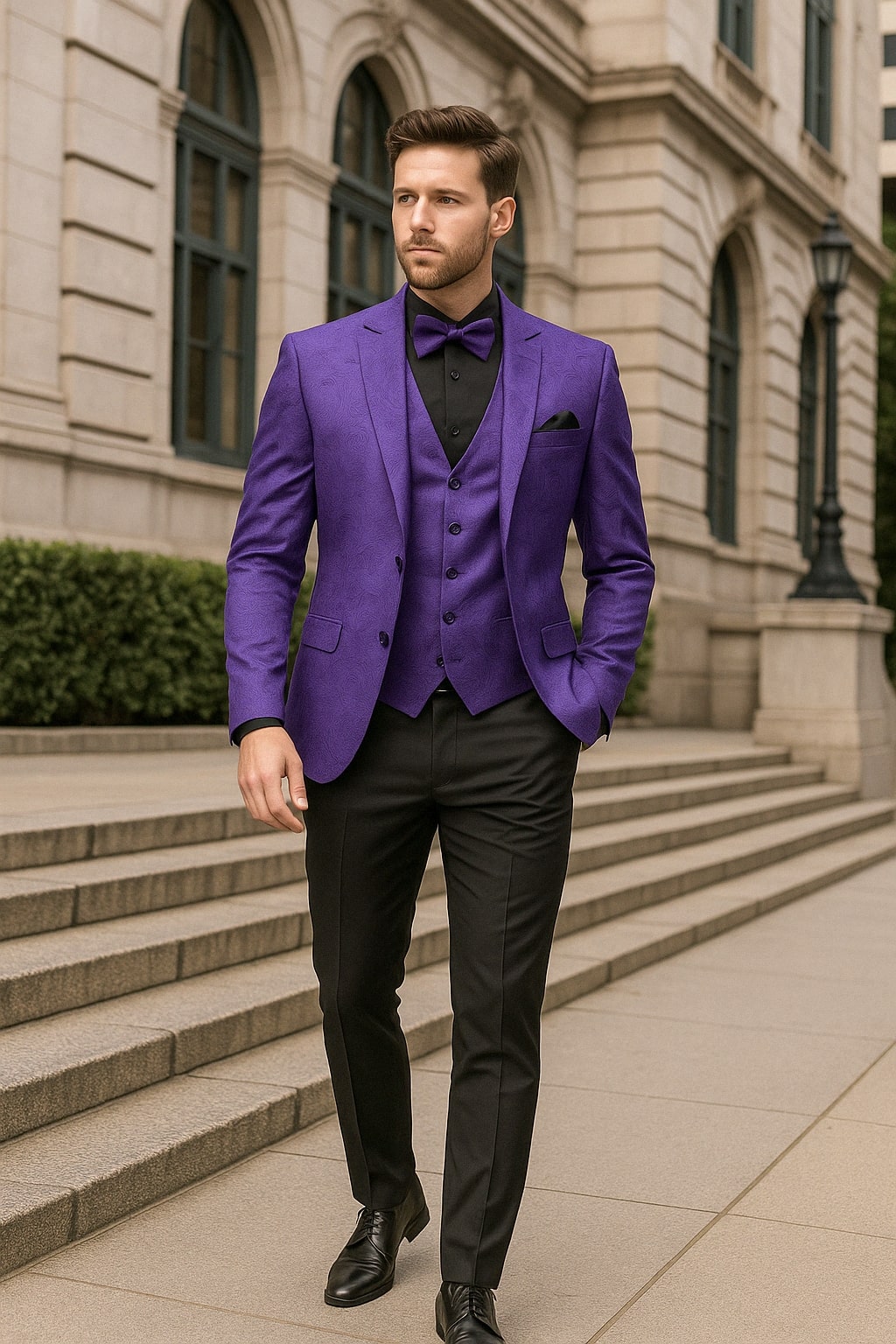 Purple Paisley 3-Piece Tuxedo with Vest & Bow Tie