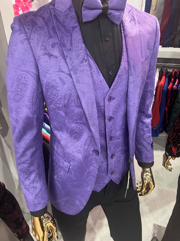 Purple Paisley 3-Piece Tuxedo with Vest & Bow Tie
