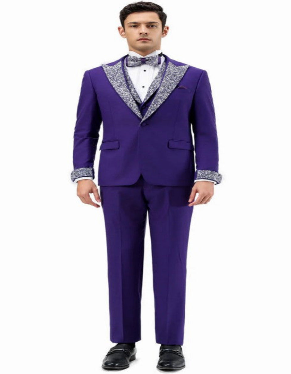 Purple & Silver Rhinestone Lapel Prom Tuxedo