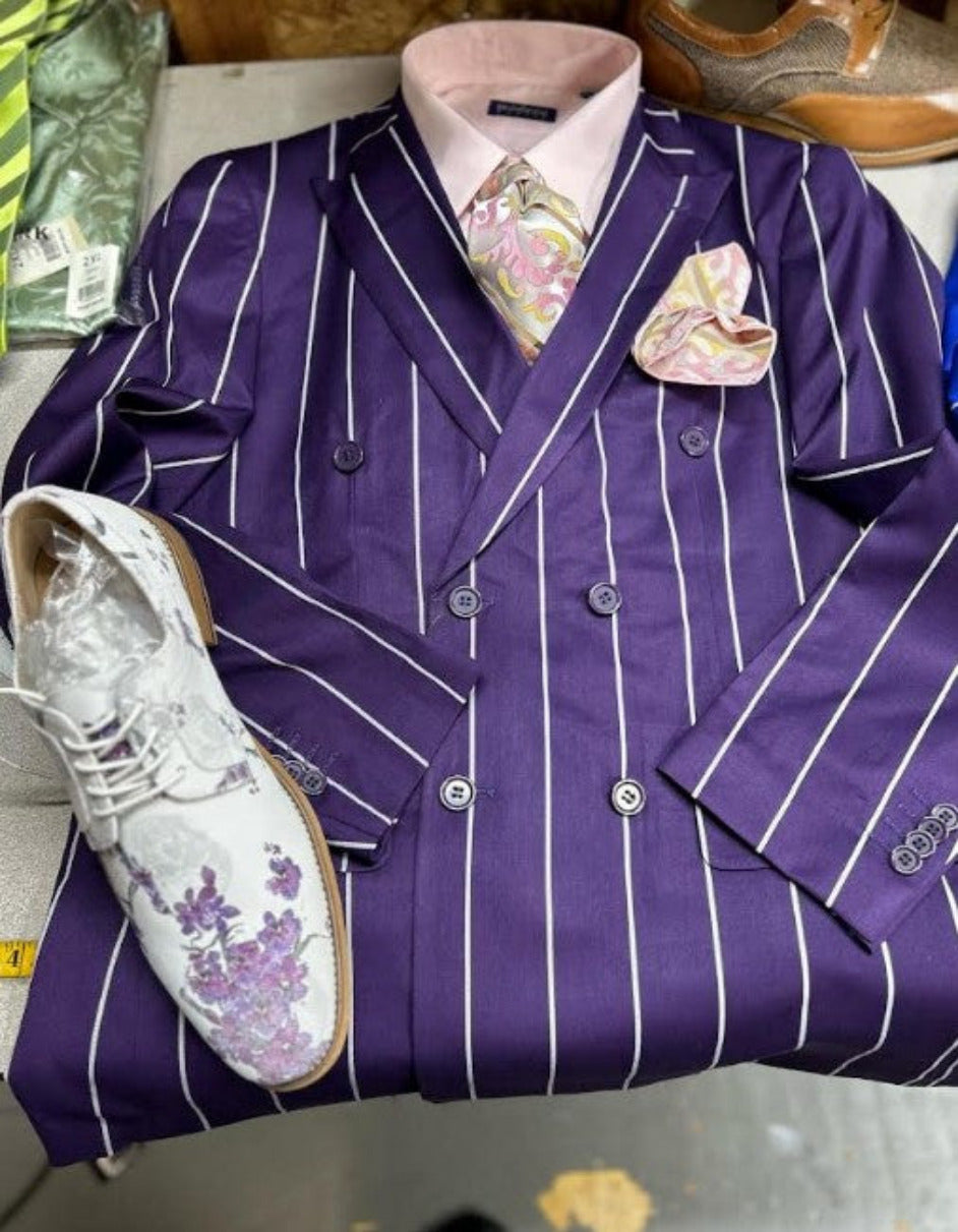Double Breasted Pinstripe Blazer - Purple/White