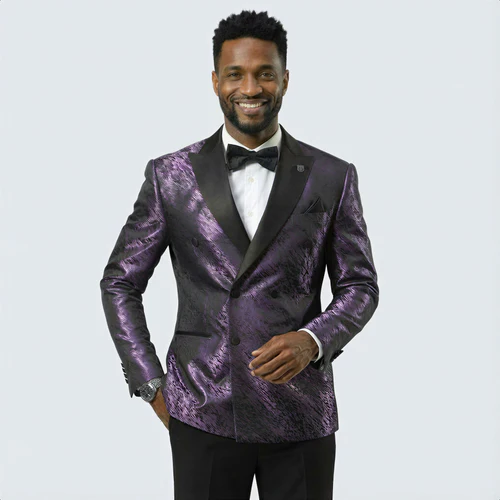 Purple Jacquard Wedding Tuxedo Jacket – Double-Breasted Peak Lapel Style