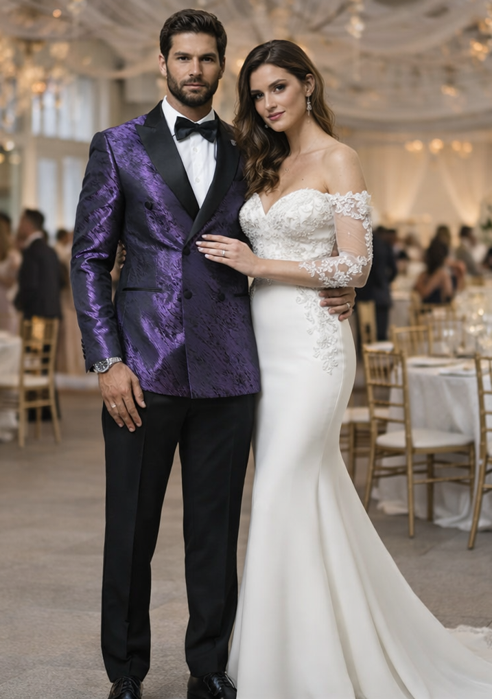 Purple Jacquard Wedding Tuxedo Jacket – Double-Breasted Peak Lapel Style
