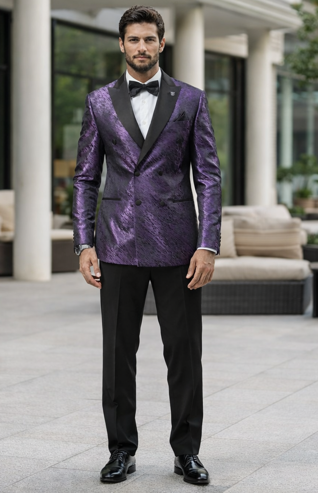 Purple Jacquard Wedding Tuxedo Jacket – Double-Breasted Peak Lapel Style