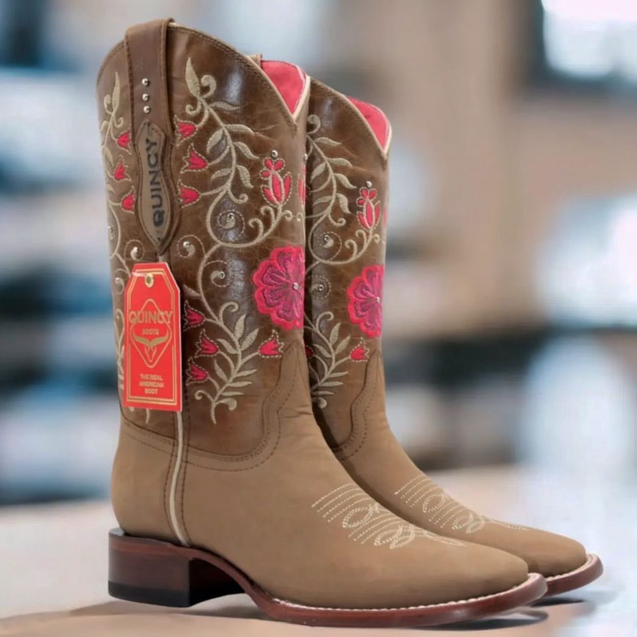 Tan Flowered Cowgirl Boots by Quincy Boots