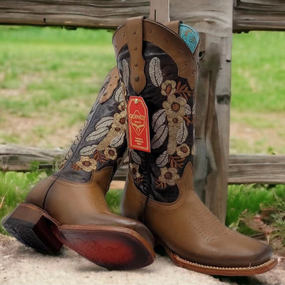 Flower Embroidered Square Toe Cowgirl Boots