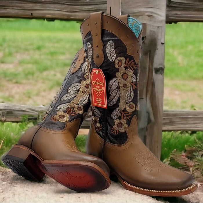 Flower Embroidered Square Toe Cowgirl Boots