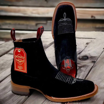 Mens Black Suede Boots Square Toe