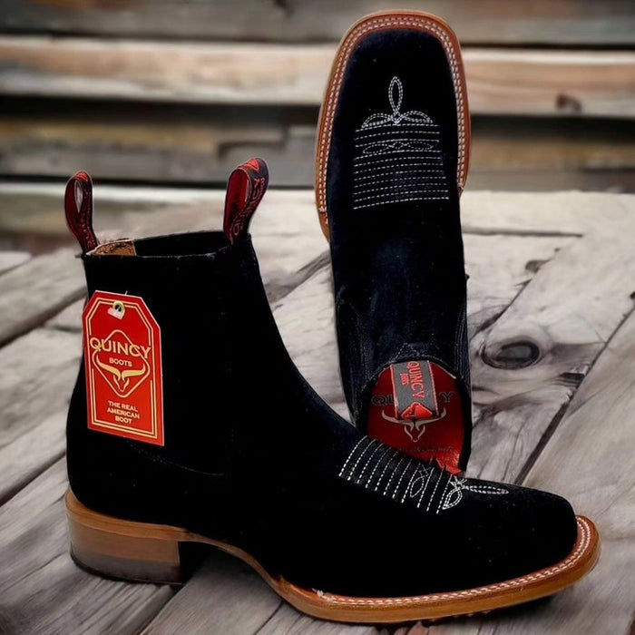 Mens Black Suede Boots Square Toe