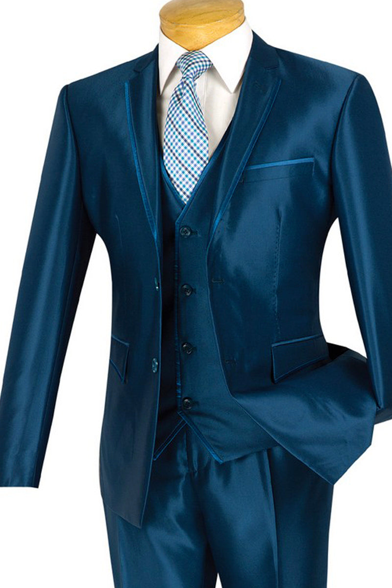 Ultra Slim Navy Sharkskin Suit With Vest