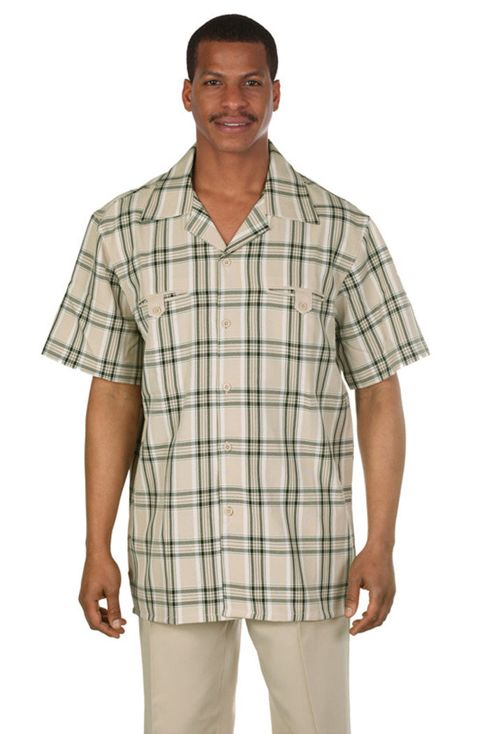 Mens Short Sleeve Plaid Walking Suit in Tan