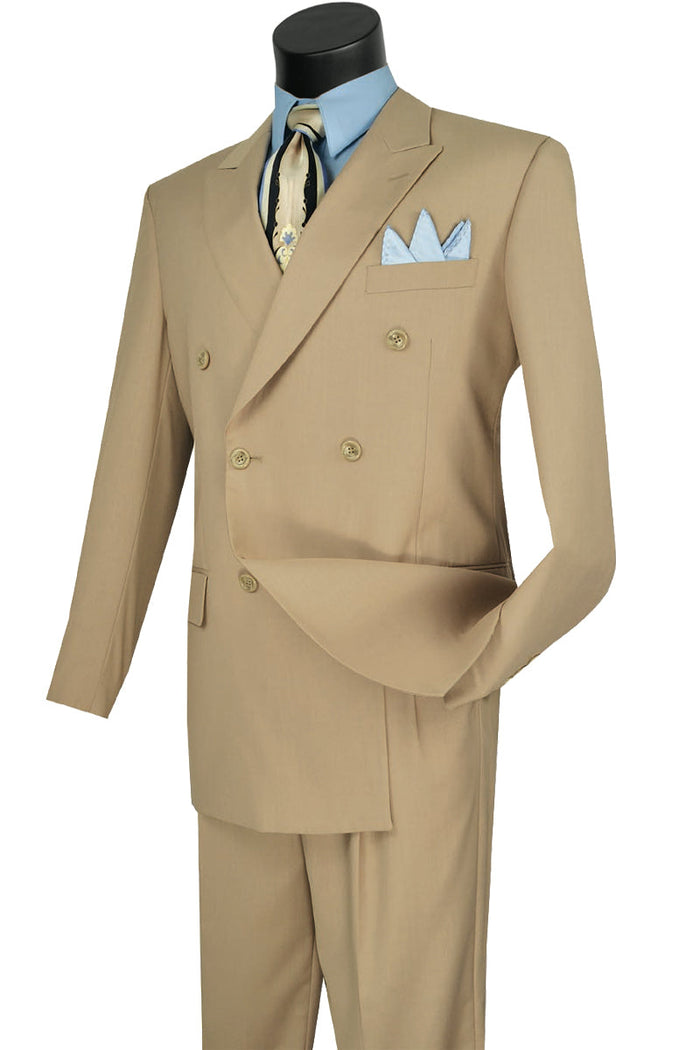 Double Breasted Wool Feel Suit in Beige
