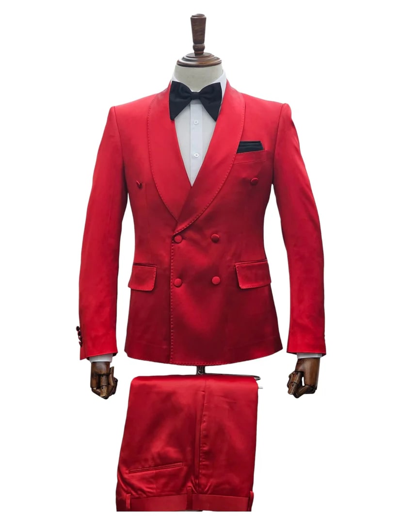 Double Breasted Slim Tuxedo, Red Shawl Collar