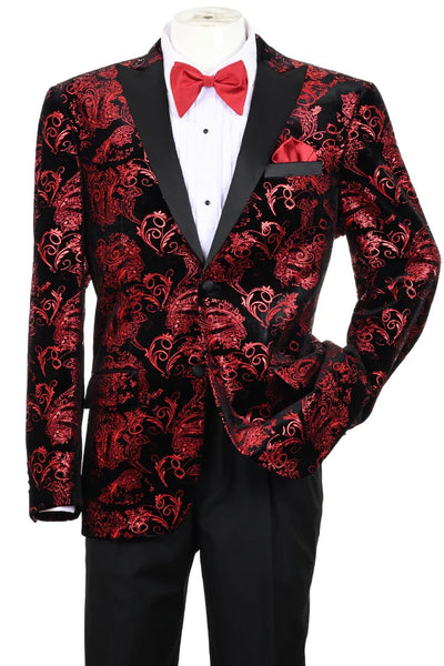 Modern Fit Velvet Paisley Tuxedo Jacket Red & Black