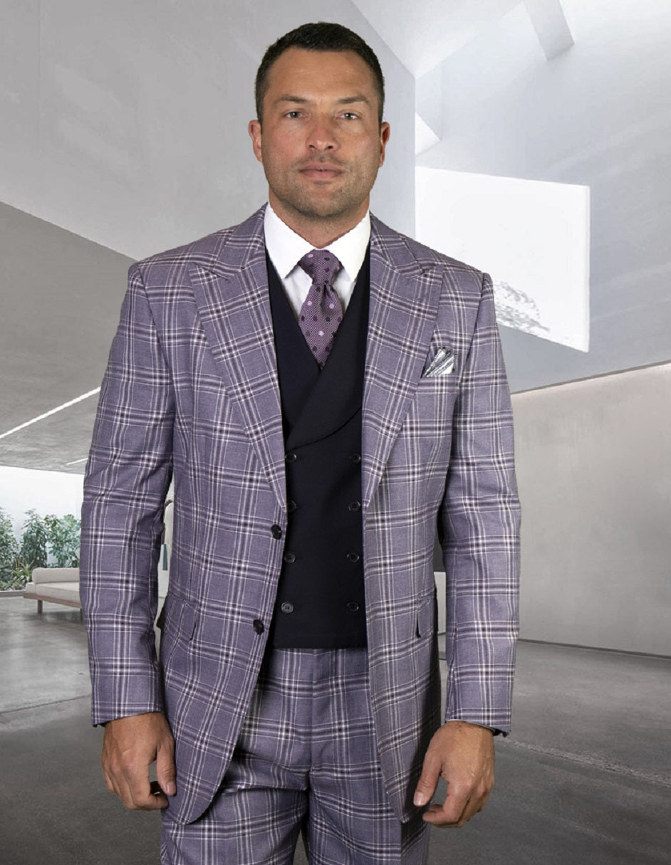 Wide Peak Lapel Eggplant Windowpane Suit Set