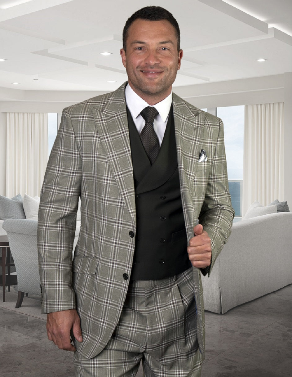 Wide Peak Lapel Olive Windowpane Suit & Vest