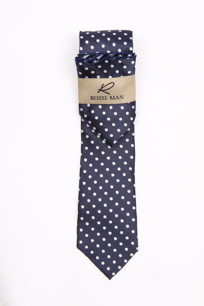 Rossi Man Navy Polka Dot Tie & Pocket Round