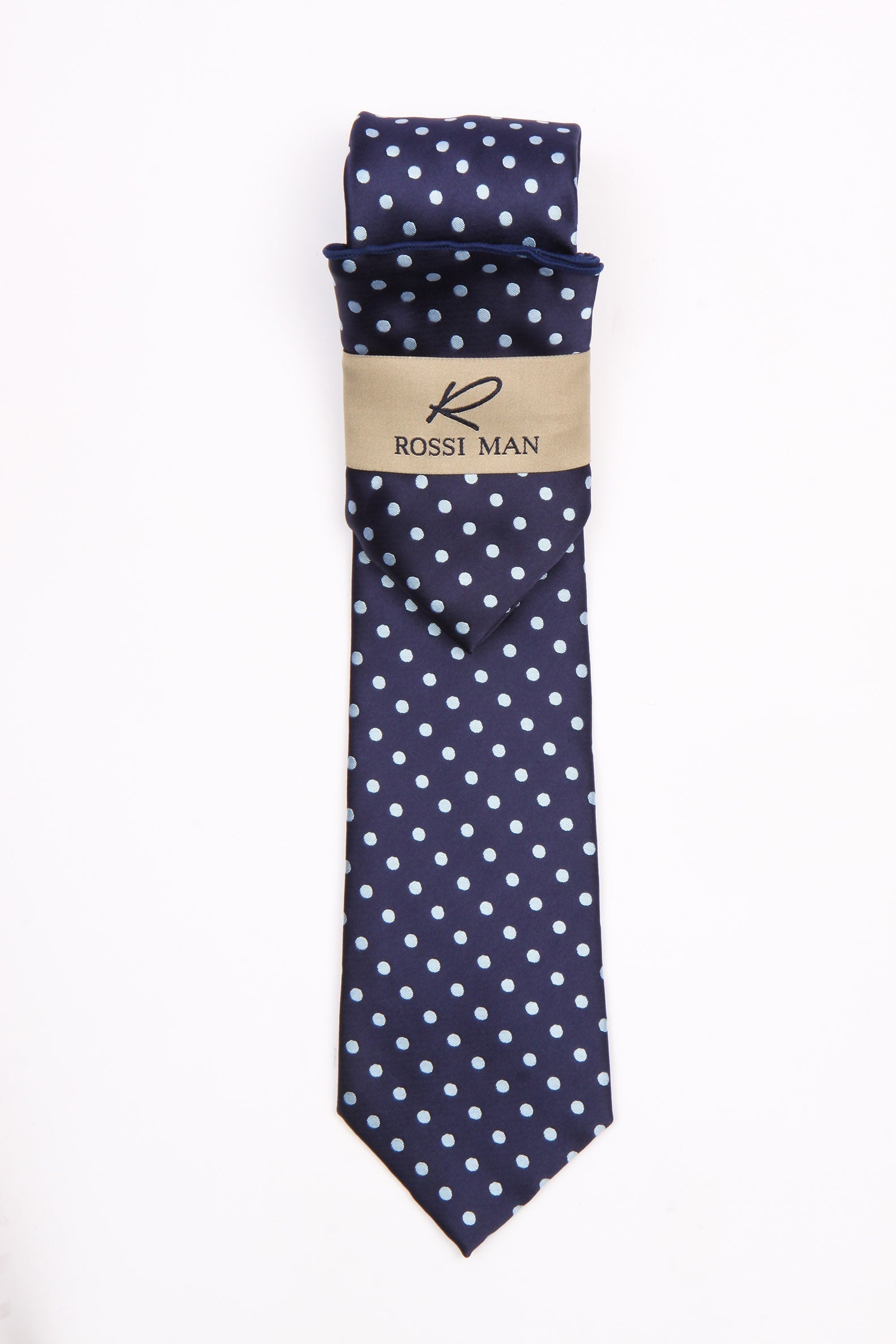 Rossi Man Navy Polka Dot Tie & Pocket Round