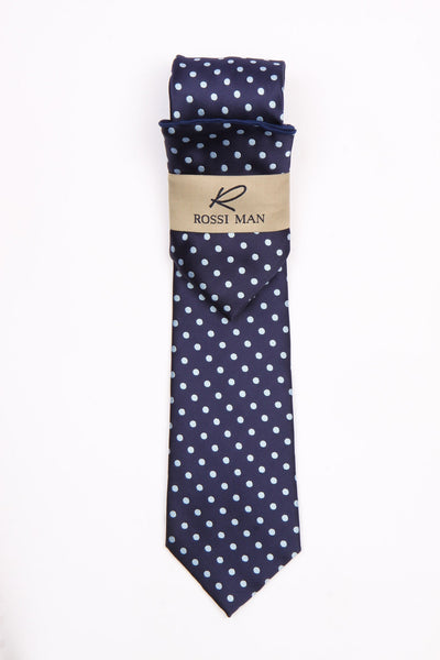 Rossi Man Navy Polka Dot Tie & Pocket Round