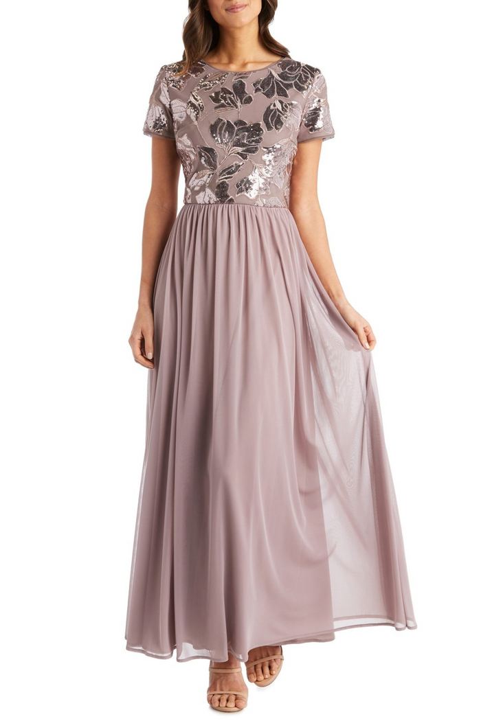 R&M Richards Short Sleeve Sequin Long Evening Gown