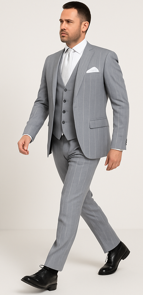 Rossi Man Grey Pinstripe 3-Piece Suit Slim Fit