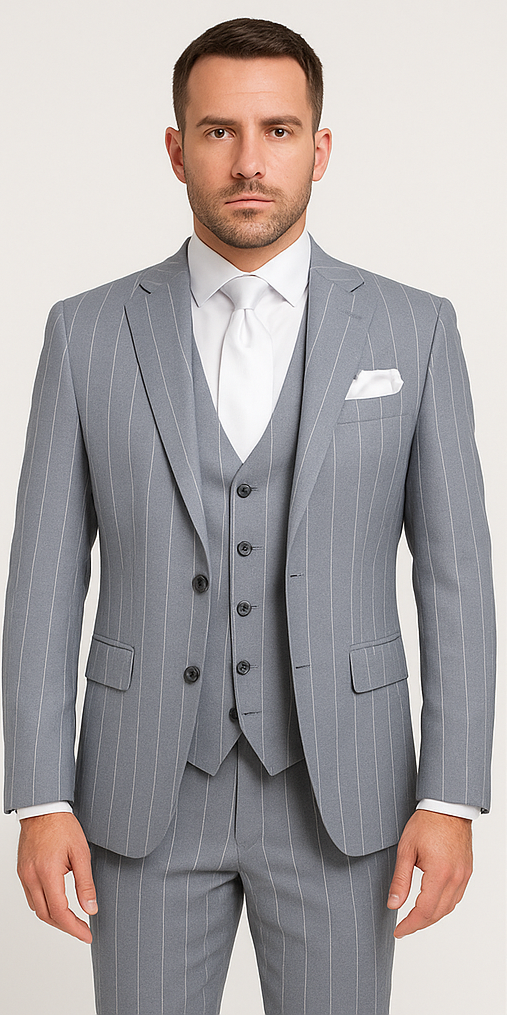 Rossi Man Grey Pinstripe 3-Piece Suit Slim Fit