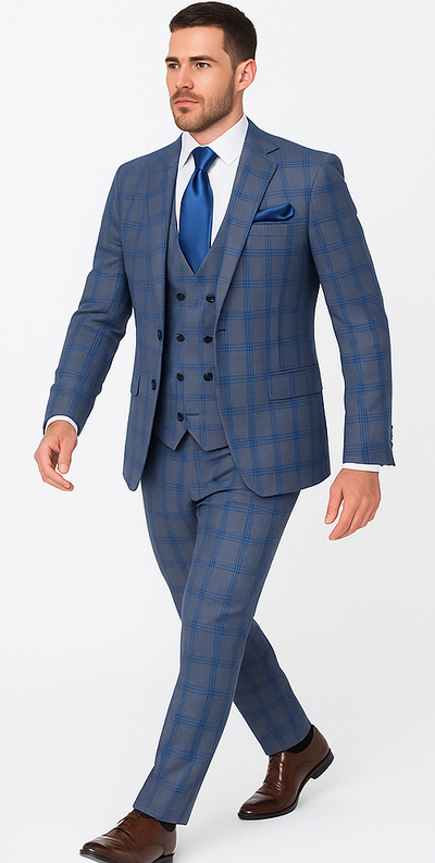 Rossi Man MAX RM1823 Blue Plaid Slim 3-Piece Suit
