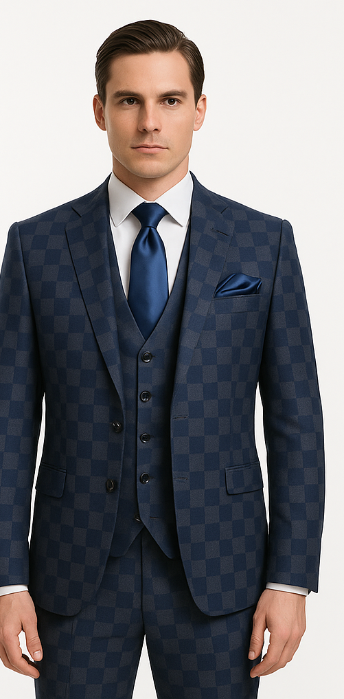 Rossi Man MAX RM1838 Navy Check 3-Piece Slim Suit