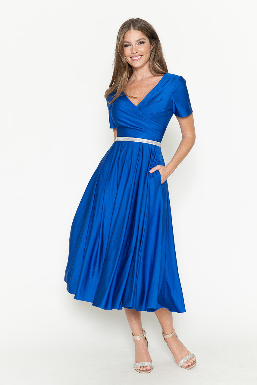 Lenovia 5274 V-Neck Short Sleeve Midi Cocktail Dress with Rhinestone Waist Formal & Wedding Guest Attire