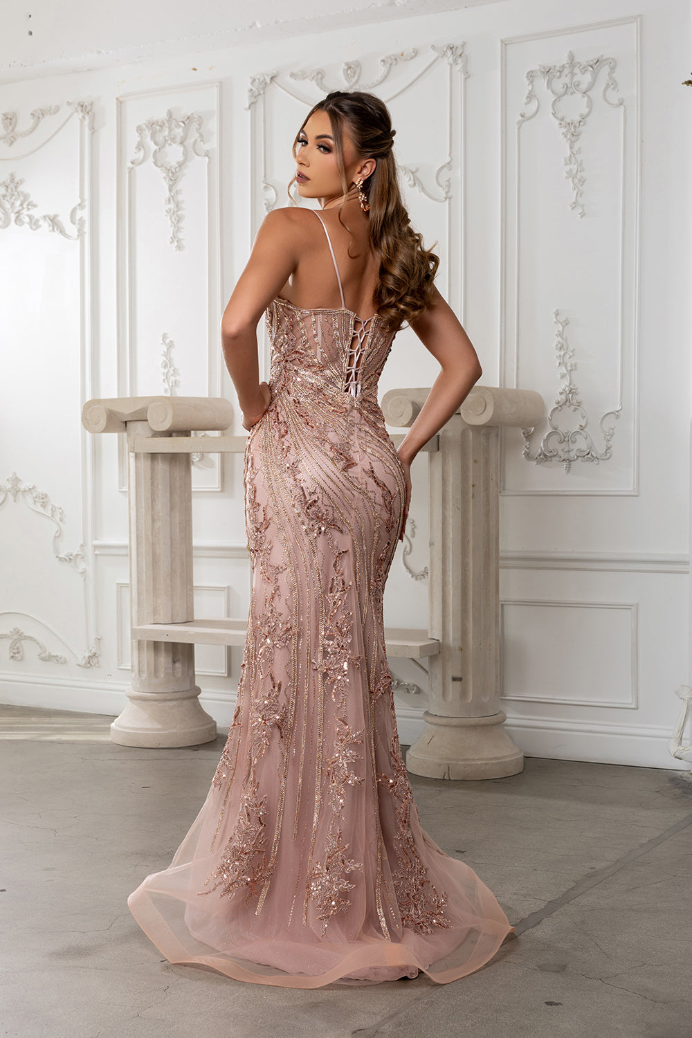 Mermaid Evening Gown Sparkling Dress with Illusion V-Neck Lace Up Back by Royal Queen RQ8213