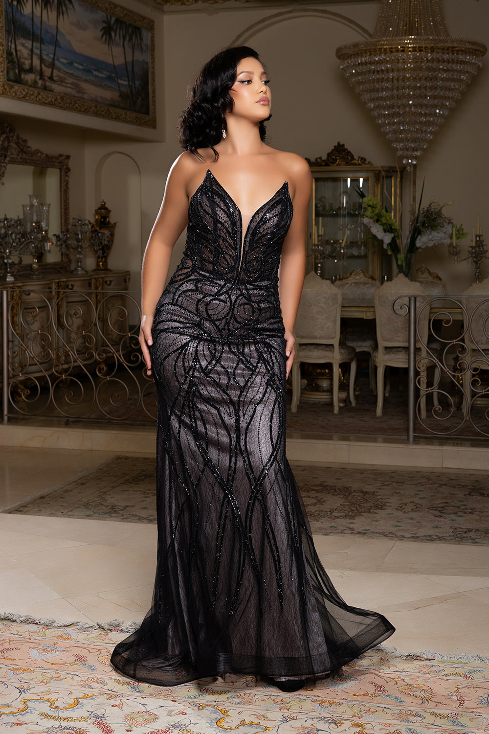 Beaded Mermaid Evening Prom Gown Lace-Up Back Illusion Mesh Bodice by Royal Queen RQ8223