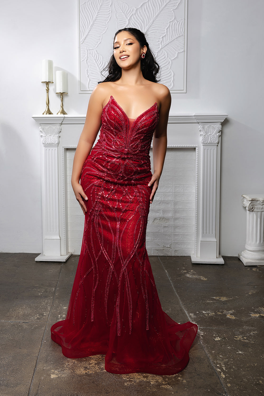 Beaded Mermaid Evening Prom Gown Lace-Up Back Illusion Mesh Bodice by Royal Queen RQ8223