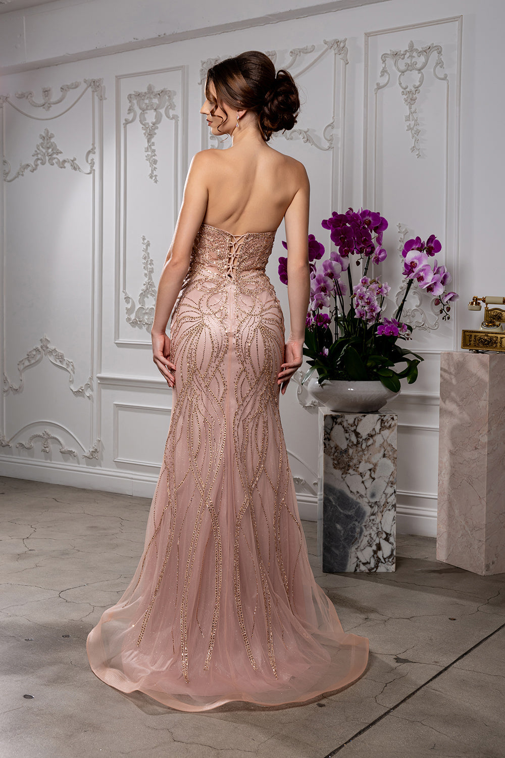 Beaded Mermaid Evening Prom Gown Lace-Up Back Illusion Mesh Bodice by Royal Queen RQ8223