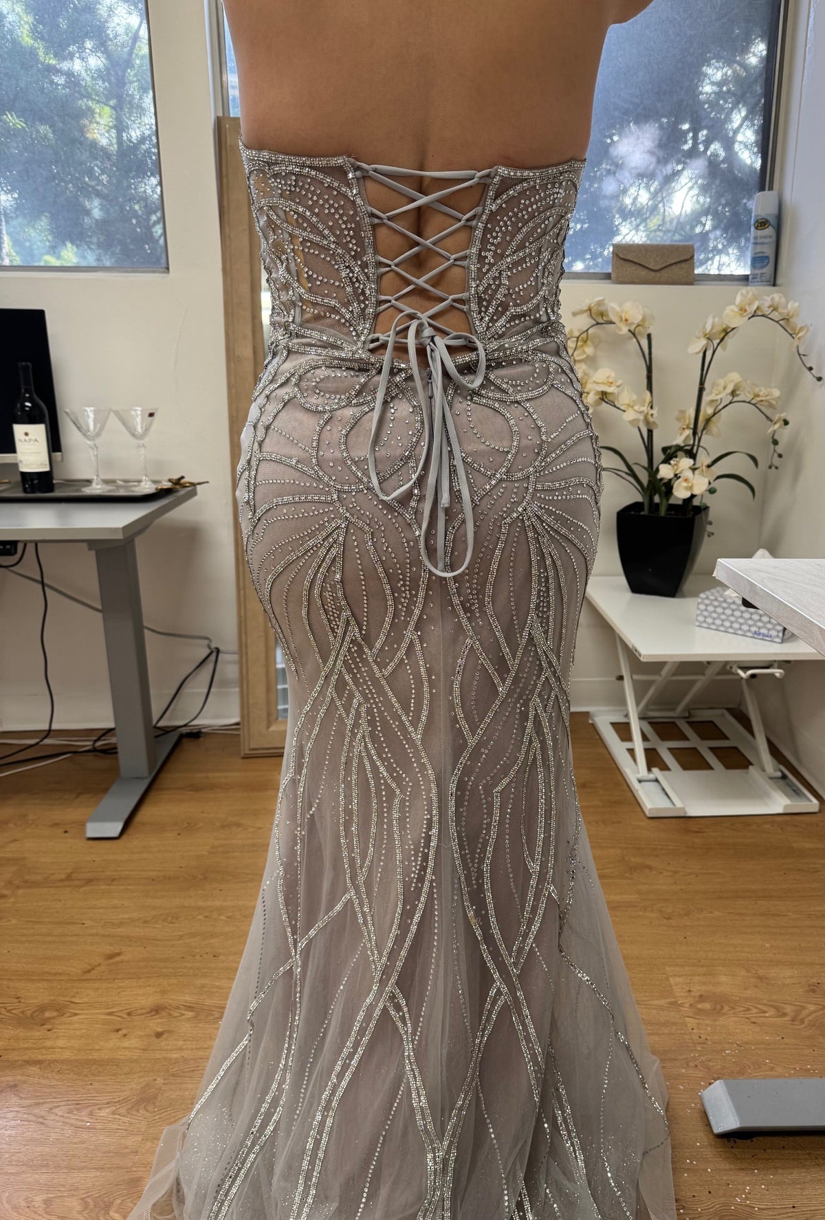 Beaded Mermaid Evening Prom Gown Lace-Up Back Illusion Mesh Bodice by Royal Queen RQ8223