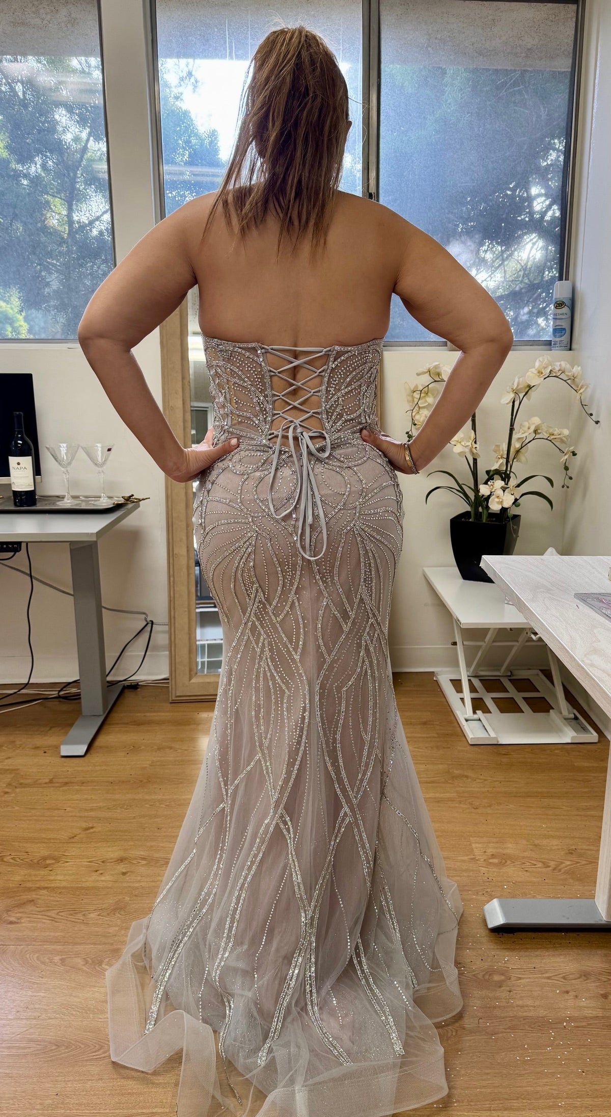 Beaded Mermaid Evening Prom Gown Lace-Up Back Illusion Mesh Bodice by Royal Queen RQ8223