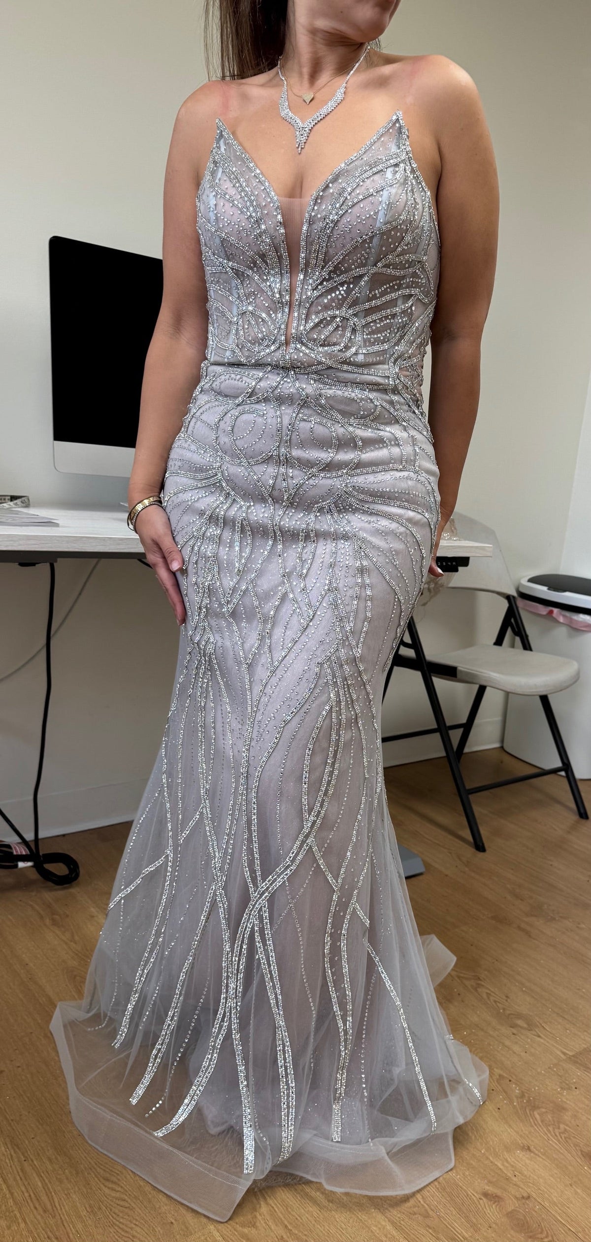 Beaded Mermaid Evening Prom Gown Lace-Up Back Illusion Mesh Bodice by Royal Queen RQ8223