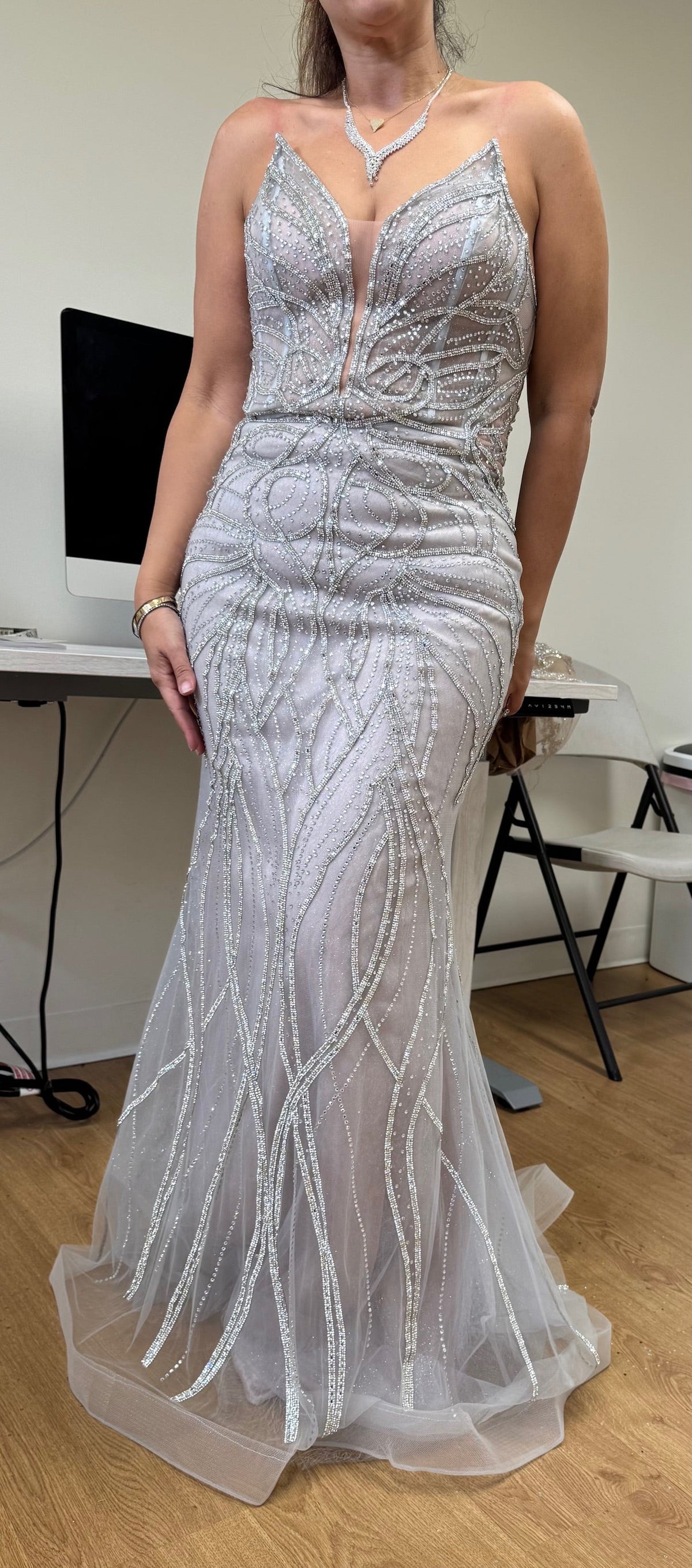 Beaded Mermaid Evening Prom Gown Lace-Up Back Illusion Mesh Bodice by Royal Queen RQ8223