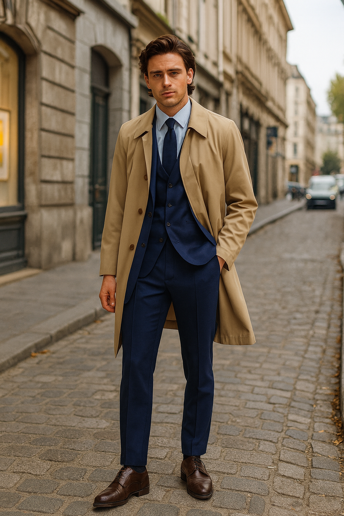 Men's Classic Beige Trench Coat Button Long Overcoat