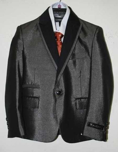 Boy's 5 Piece Satin Peak Leapel Black Vested Poly Rayon Suit With Shirt, Tie & Hanky