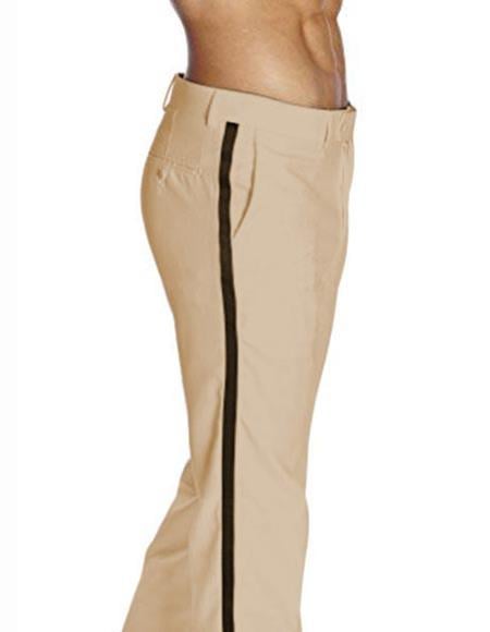 Men's Classic Fit Khaki ~ Tan With Black Satin Stripe Flat Front Poly/Rayon Solid Tuxedo Pant