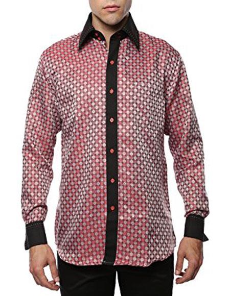 Geometric Red-Black Shiny Satin Floral Spread Collar Paisley Dress Club Clubbing Clubwear Shirts Flashy Stage Colored Two Toned Woven Casual Men's Dress Shirt