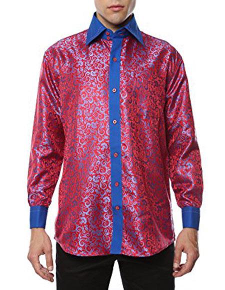 Shiny Satin Floral Spread Collar Paisley Dress Club Clubbing Clubwear Shirts Flashy Stage Colored Two Toned Woven Casual Red-Blue Men's Dress Shirt