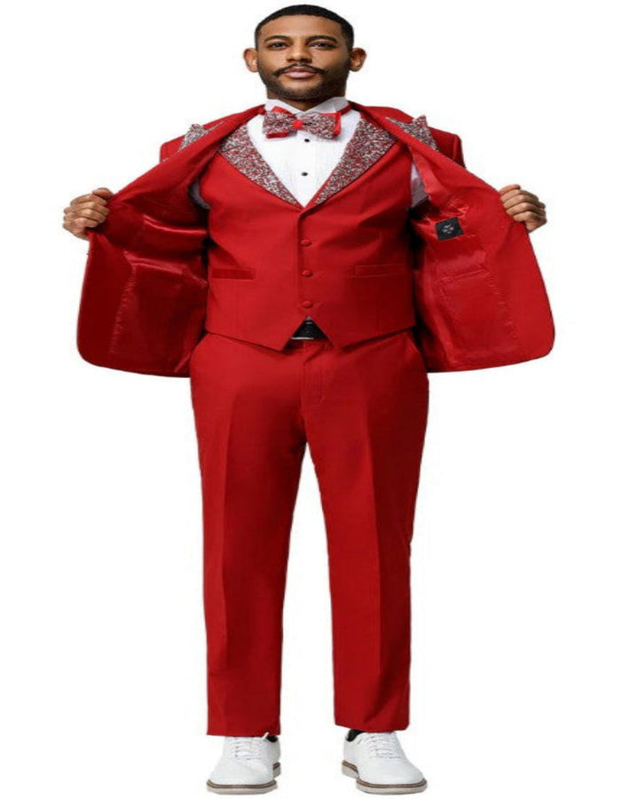 Red Rhinestone sequin Lapel Prom Tuxedo with Vest