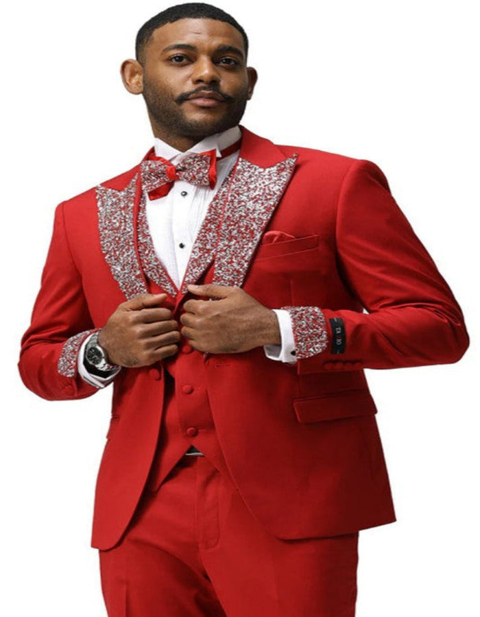 Red Rhinestone sequin Lapel Prom Tuxedo with Vest